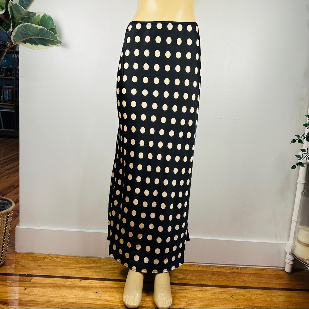 A New Day Satin Polka Dot Maxi Skirt Sz L Pull On Black Cream